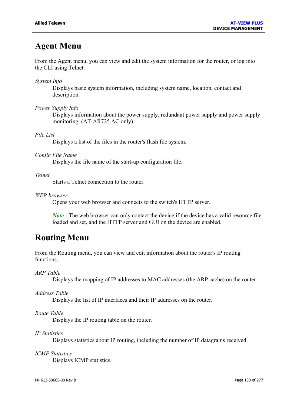 Agent menu, Routing menu, Agent menu routing menu | Allied Telesis AT-VIEW PLUS 3.1 DEVICE MANAGEMENT User Manual | Page 130 / 277