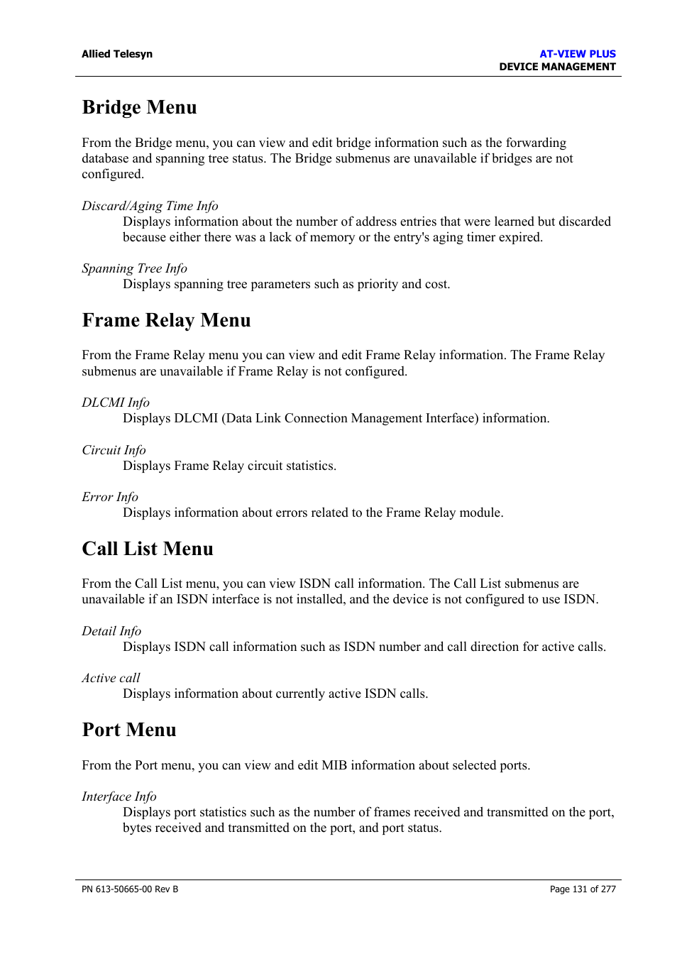 Bridge menu, Frame relay menu, Call list menu | Port menu | Allied Telesis AT-VIEW PLUS 3.1 DEVICE MANAGEMENT User Manual | Page 131 / 277