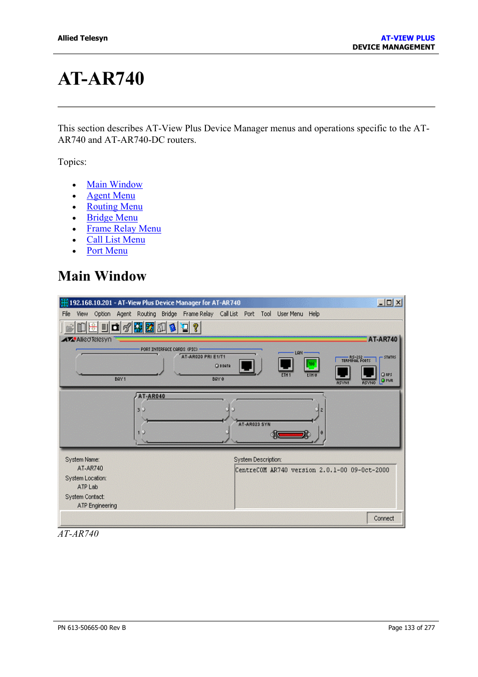 At-ar740, Main window | Allied Telesis AT-VIEW PLUS 3.1 DEVICE MANAGEMENT User Manual | Page 133 / 277