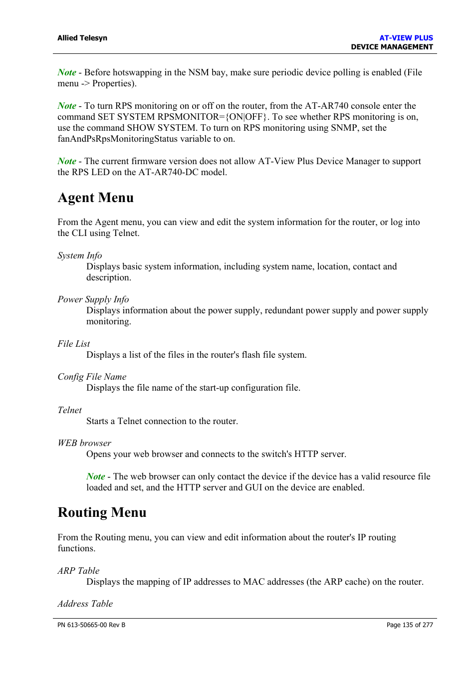 Agent menu, Routing menu, Agent menu routing menu | Allied Telesis AT-VIEW PLUS 3.1 DEVICE MANAGEMENT User Manual | Page 135 / 277