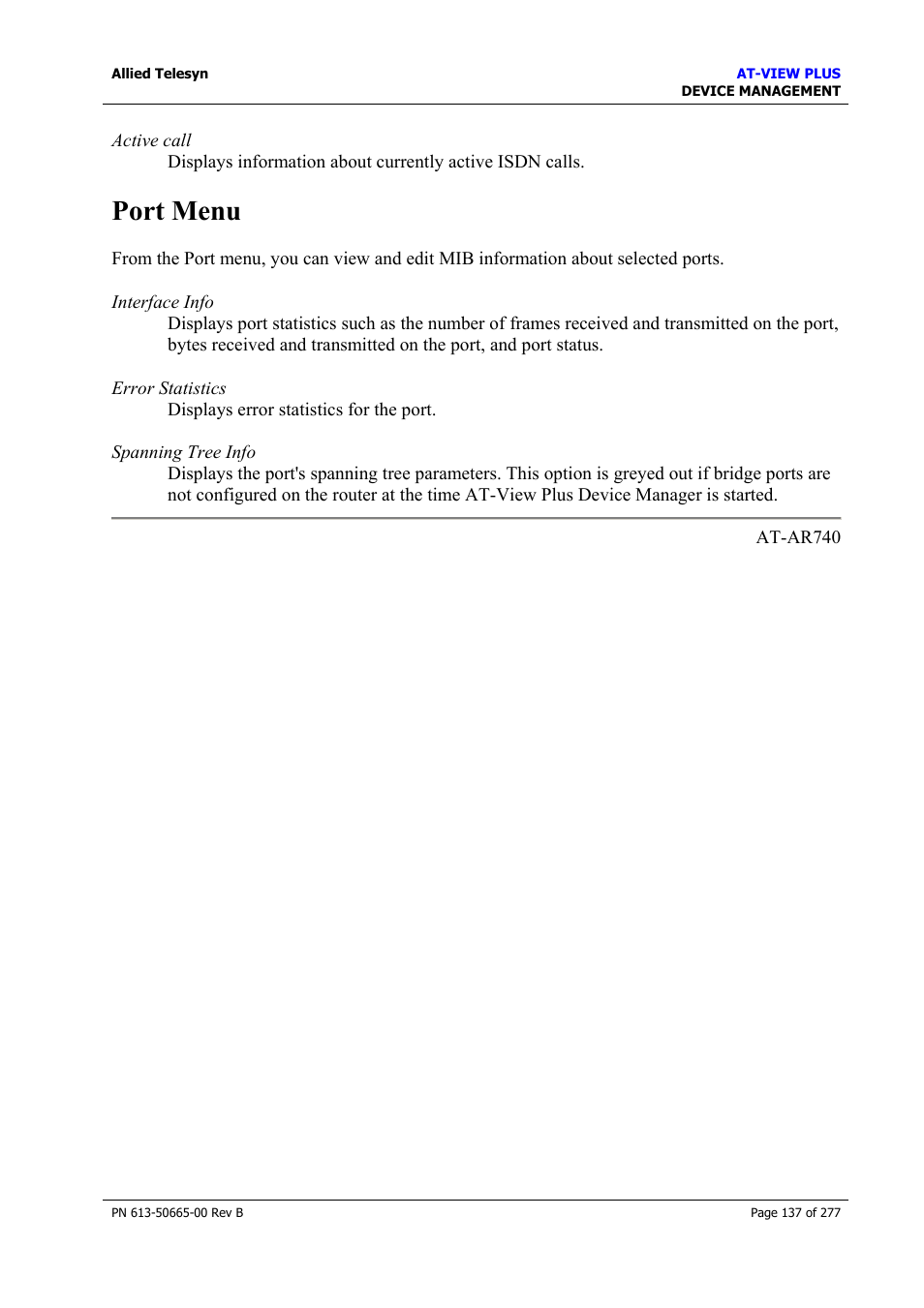 Port menu | Allied Telesis AT-VIEW PLUS 3.1 DEVICE MANAGEMENT User Manual | Page 137 / 277