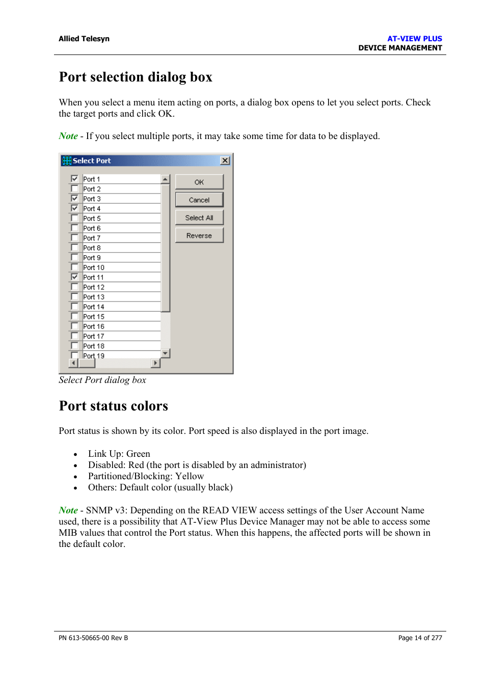 Port selection dialog box, Port status colors, Port selection dialog box port status colors | Led status | Allied Telesis AT-VIEW PLUS 3.1 DEVICE MANAGEMENT User Manual | Page 14 / 277