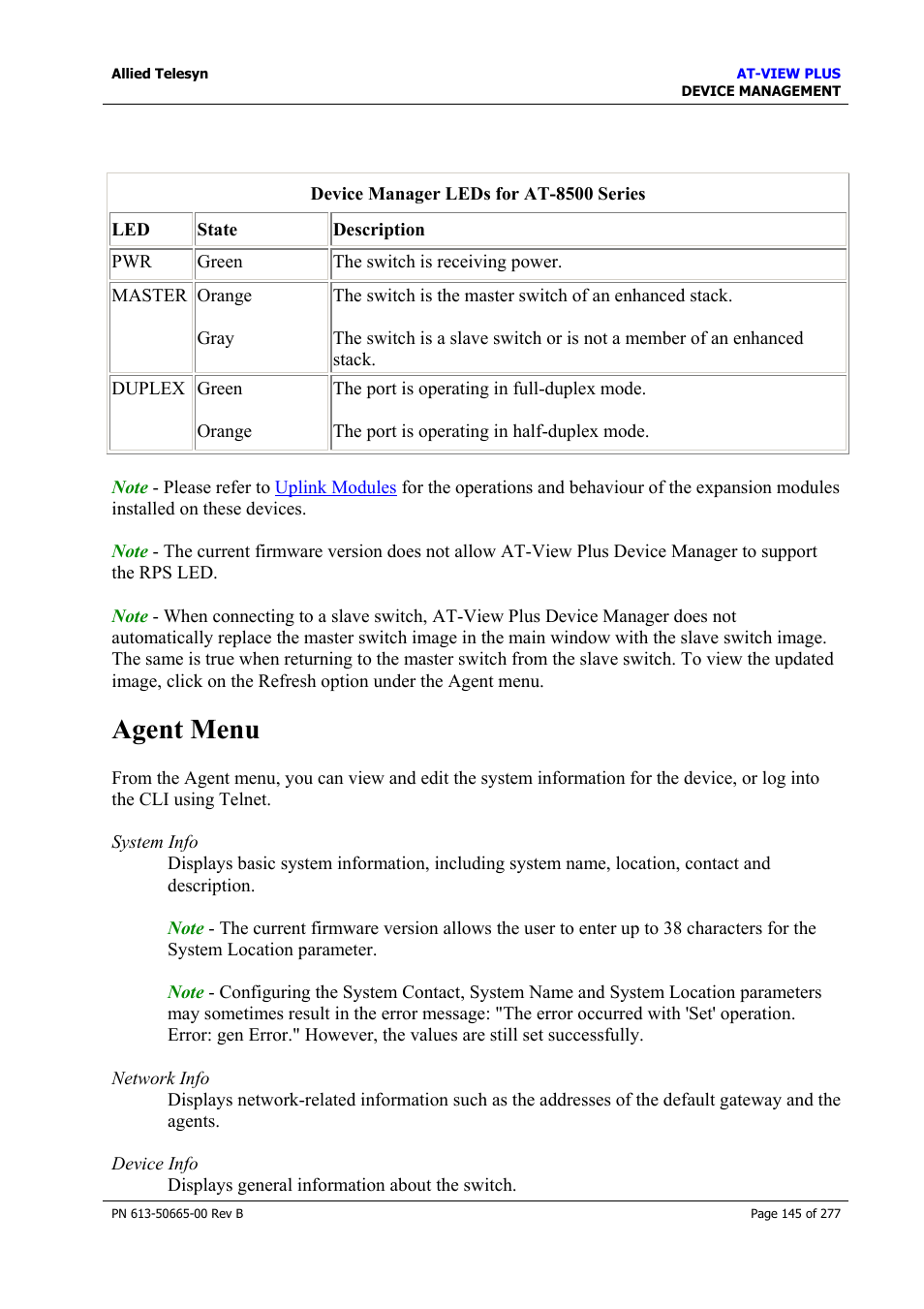 Agent menu | Allied Telesis AT-VIEW PLUS 3.1 DEVICE MANAGEMENT User Manual | Page 145 / 277