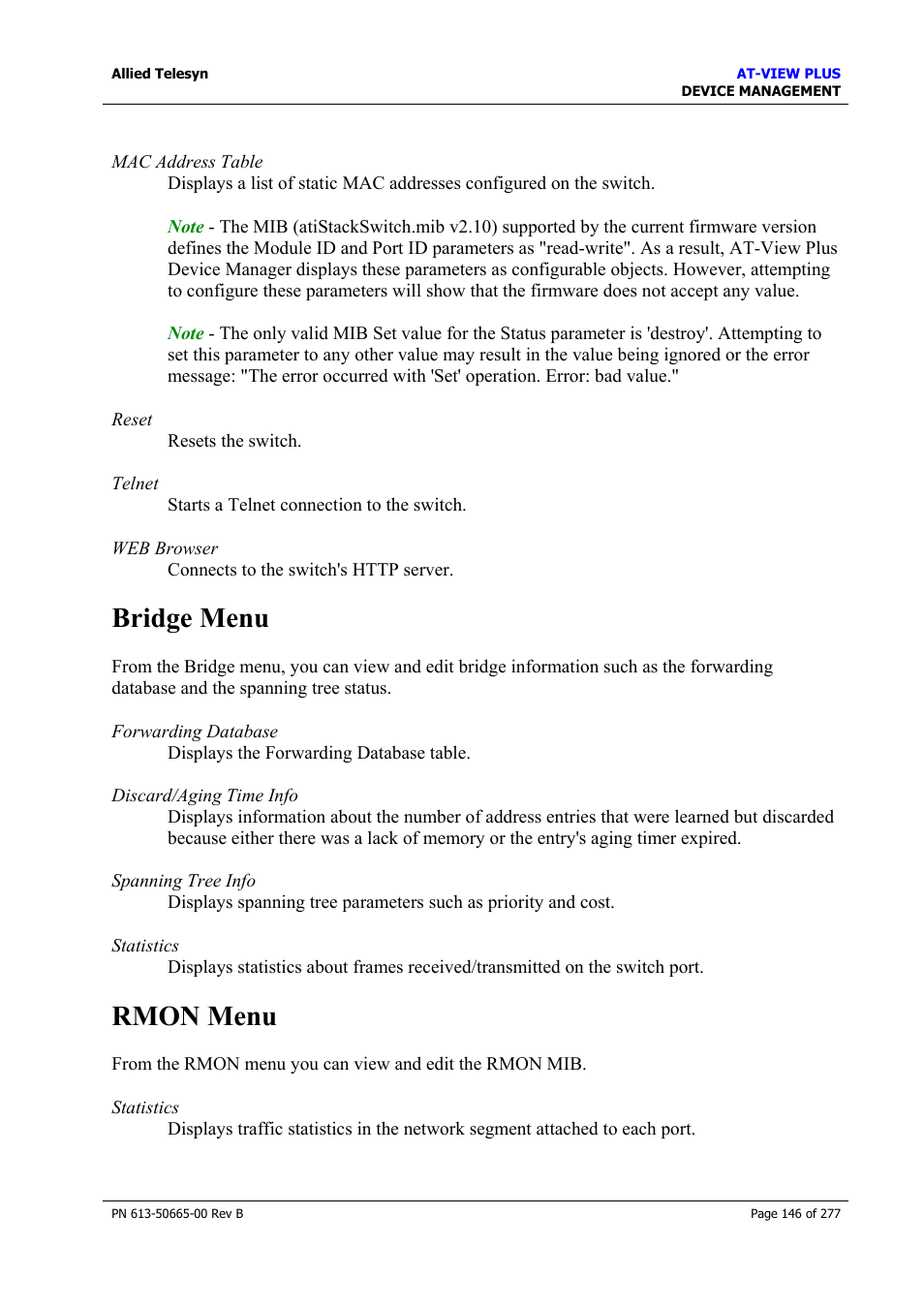 Bridge menu, Rmon menu, Bridge menu rmon menu | Allied Telesis AT-VIEW PLUS 3.1 DEVICE MANAGEMENT User Manual | Page 146 / 277