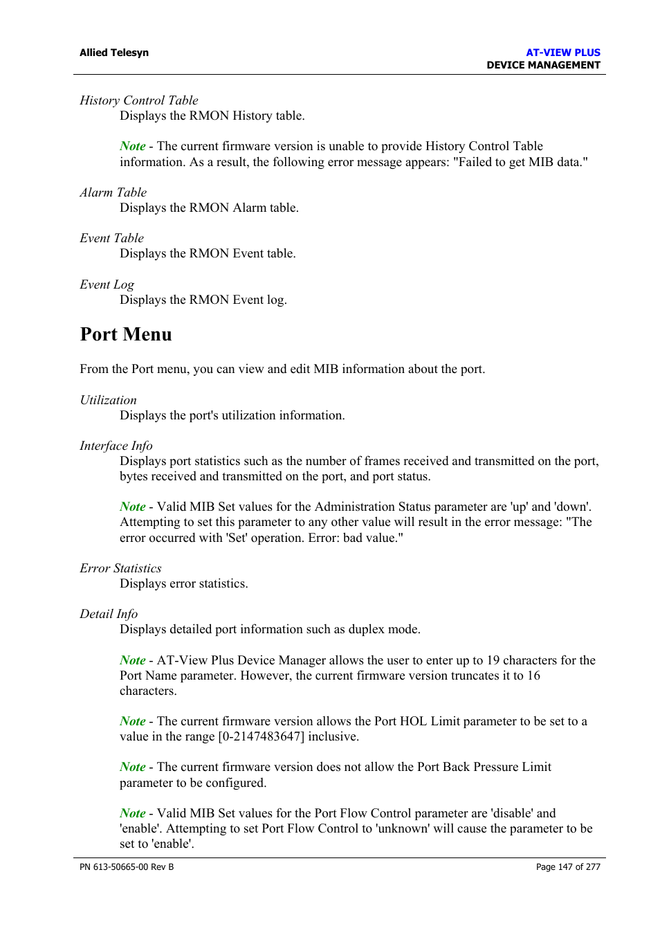 Port menu | Allied Telesis AT-VIEW PLUS 3.1 DEVICE MANAGEMENT User Manual | Page 147 / 277