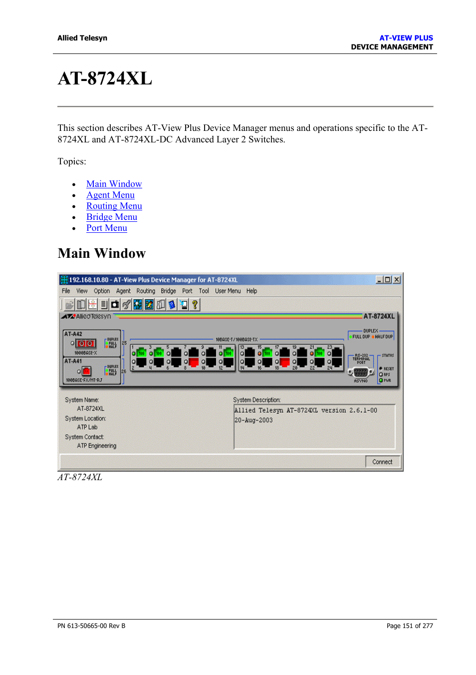 At-8724xl, Main window | Allied Telesis AT-VIEW PLUS 3.1 DEVICE MANAGEMENT User Manual | Page 151 / 277