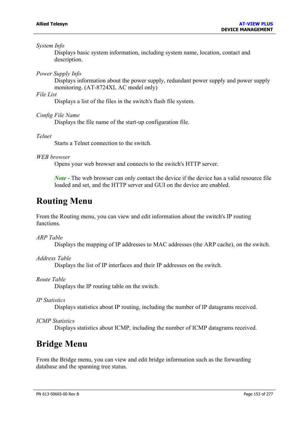 Routing menu, Bridge menu | Allied Telesis AT-VIEW PLUS 3.1 DEVICE MANAGEMENT User Manual | Page 153 / 277