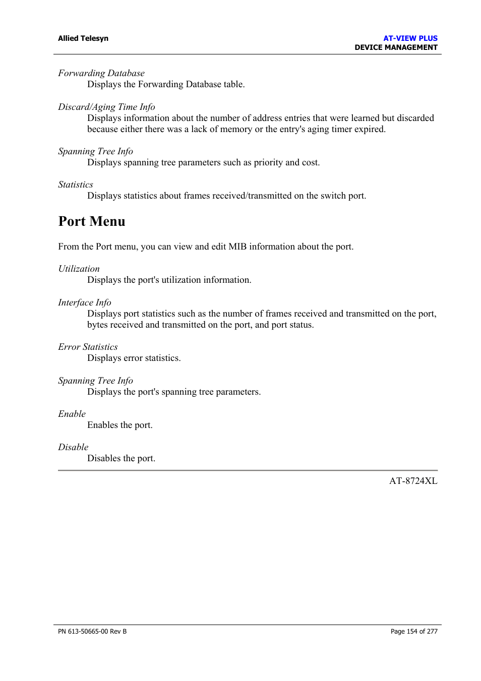 Port menu | Allied Telesis AT-VIEW PLUS 3.1 DEVICE MANAGEMENT User Manual | Page 154 / 277