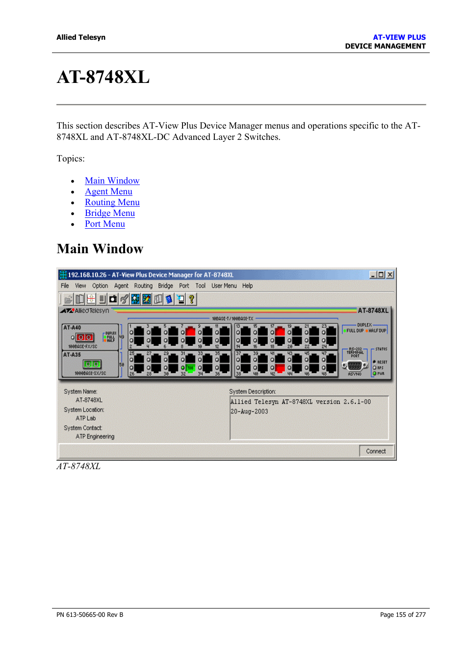 At-8748xl, Main window | Allied Telesis AT-VIEW PLUS 3.1 DEVICE MANAGEMENT User Manual | Page 155 / 277