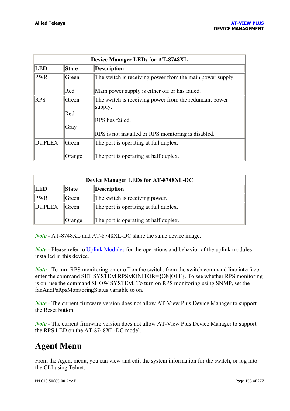 Agent menu | Allied Telesis AT-VIEW PLUS 3.1 DEVICE MANAGEMENT User Manual | Page 156 / 277