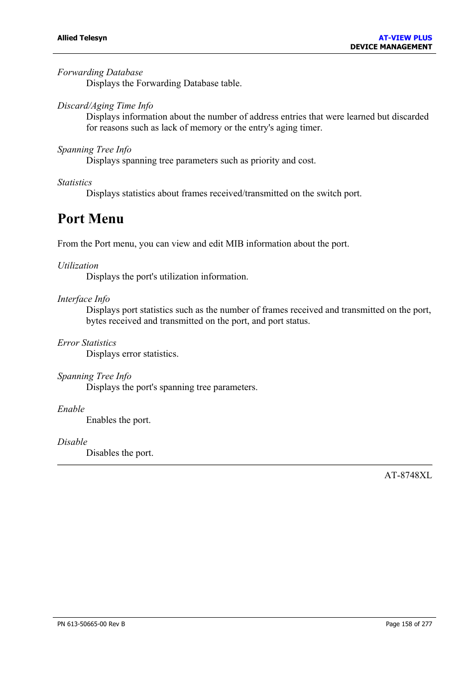 Port menu | Allied Telesis AT-VIEW PLUS 3.1 DEVICE MANAGEMENT User Manual | Page 158 / 277