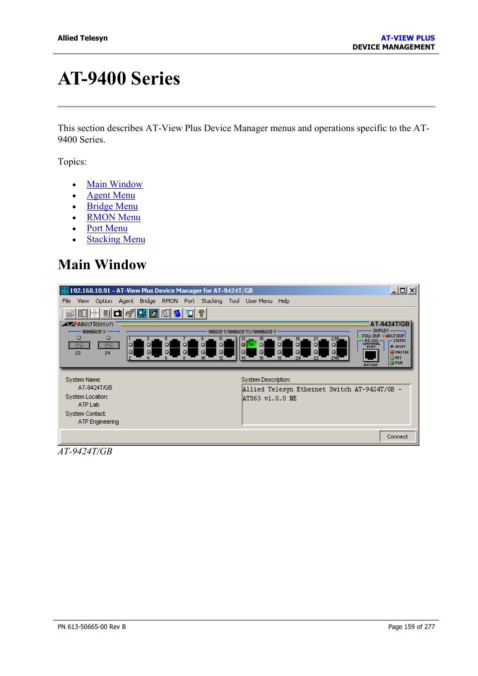 At-9400 series, Main window | Allied Telesis AT-VIEW PLUS 3.1 DEVICE MANAGEMENT User Manual | Page 159 / 277