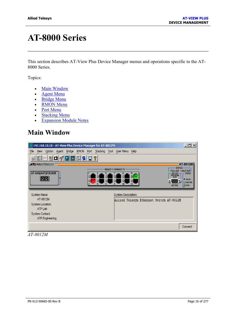 At-8000 series, Main window | Allied Telesis AT-VIEW PLUS 3.1 DEVICE MANAGEMENT User Manual | Page 16 / 277