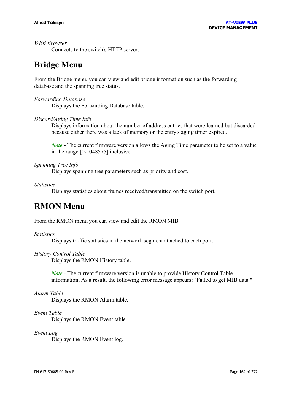 Bridge menu, Rmon menu, Bridge menu rmon menu | Port menu | Allied Telesis AT-VIEW PLUS 3.1 DEVICE MANAGEMENT User Manual | Page 162 / 277
