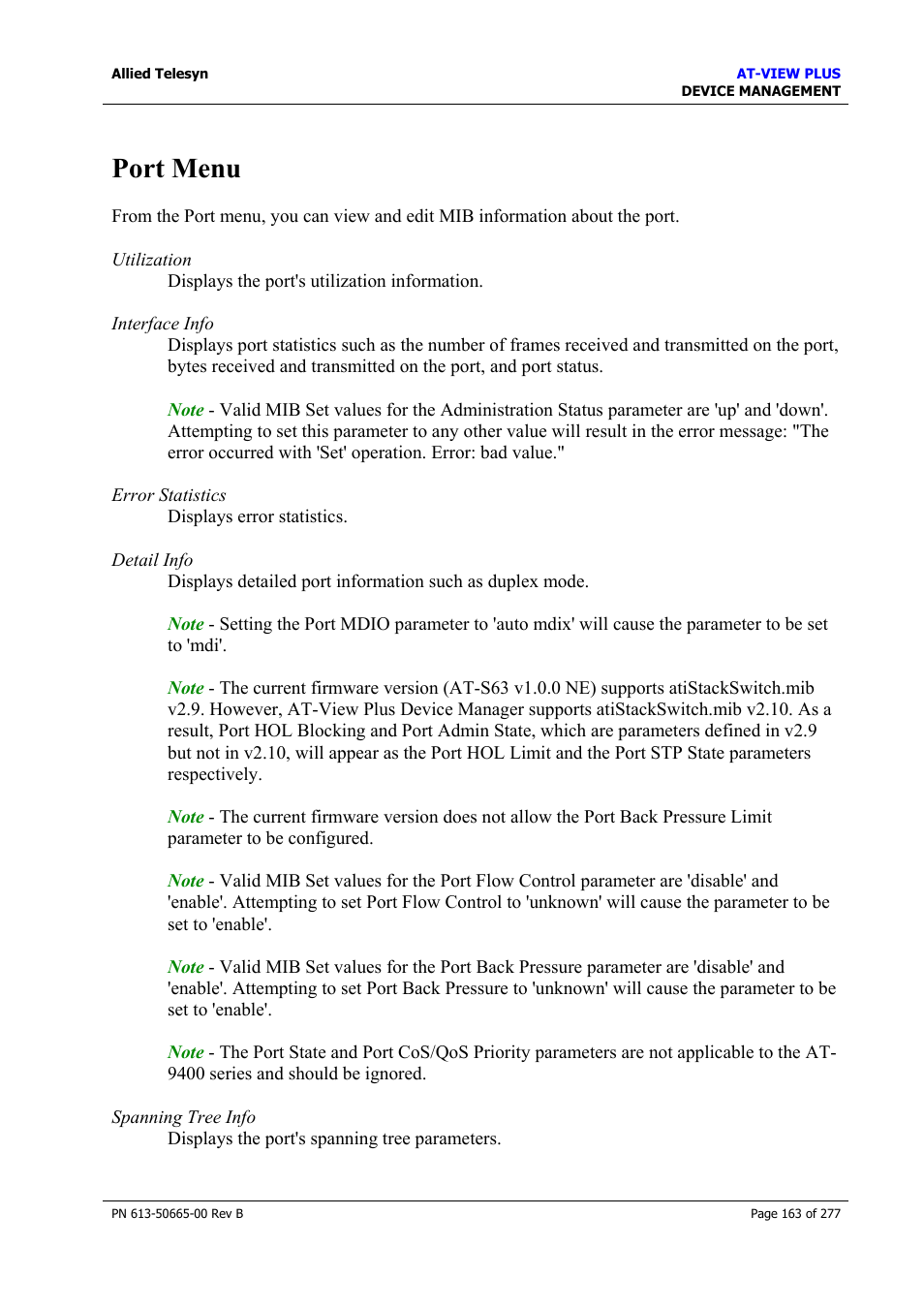 Port menu | Allied Telesis AT-VIEW PLUS 3.1 DEVICE MANAGEMENT User Manual | Page 163 / 277