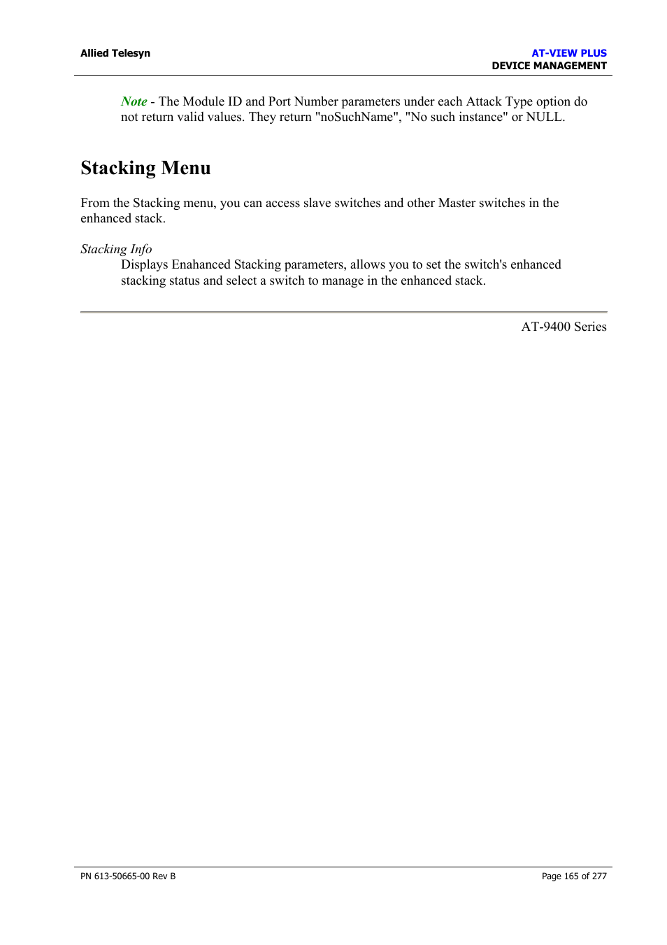 Stacking menu | Allied Telesis AT-VIEW PLUS 3.1 DEVICE MANAGEMENT User Manual | Page 165 / 277
