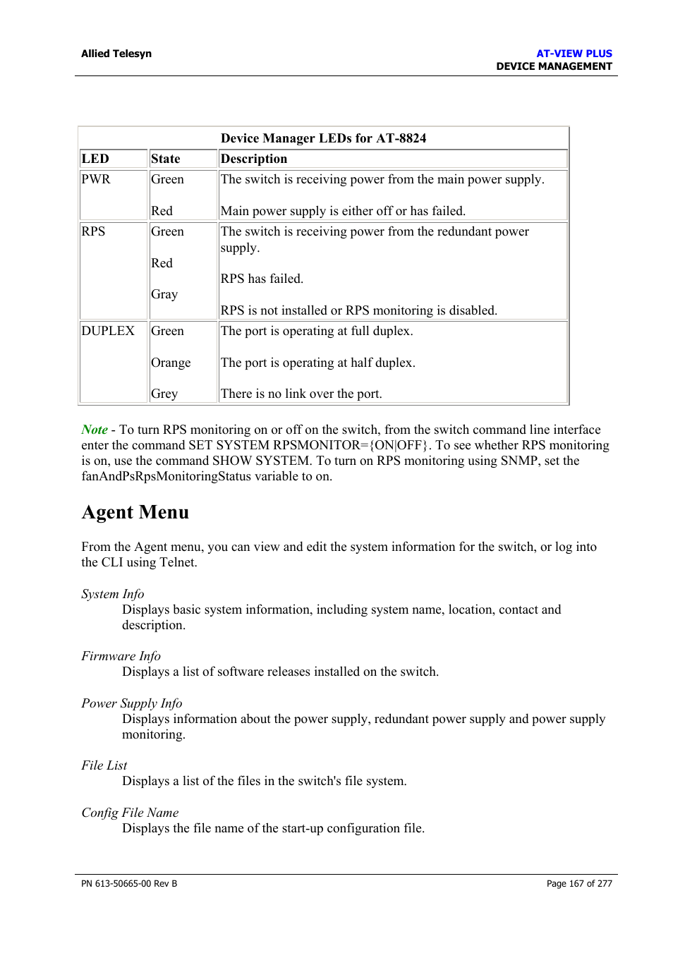 Agent menu | Allied Telesis AT-VIEW PLUS 3.1 DEVICE MANAGEMENT User Manual | Page 167 / 277