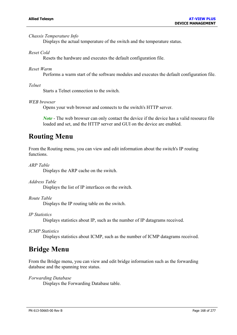 Routing menu, Bridge menu, Routing menu bridge menu | Allied Telesis AT-VIEW PLUS 3.1 DEVICE MANAGEMENT User Manual | Page 168 / 277