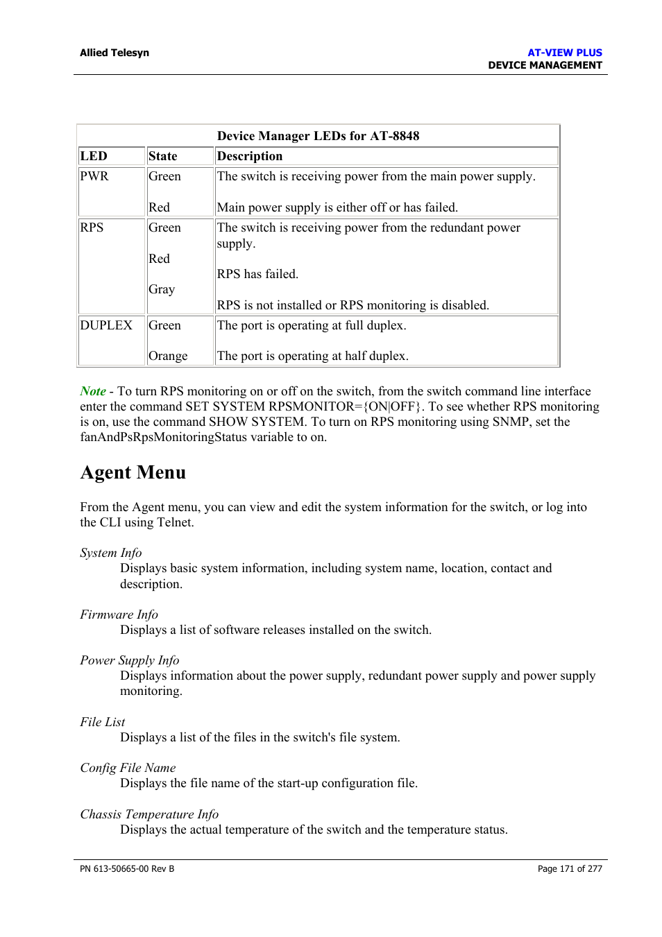 Agent menu | Allied Telesis AT-VIEW PLUS 3.1 DEVICE MANAGEMENT User Manual | Page 171 / 277