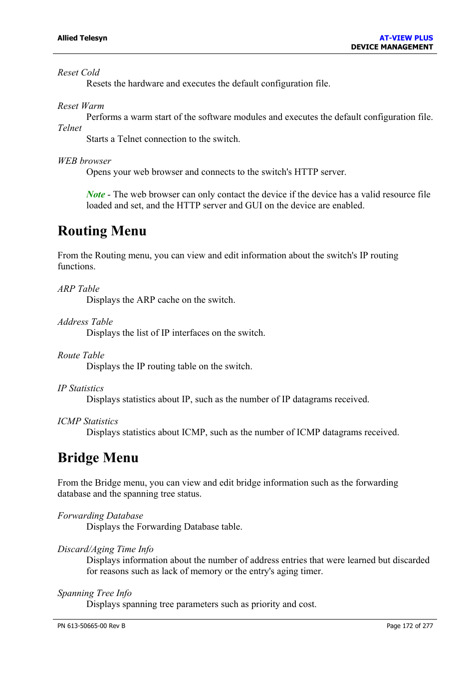 Routing menu, Bridge menu, Routing menu bridge menu | Allied Telesis AT-VIEW PLUS 3.1 DEVICE MANAGEMENT User Manual | Page 172 / 277