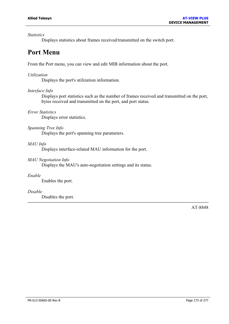 Port menu | Allied Telesis AT-VIEW PLUS 3.1 DEVICE MANAGEMENT User Manual | Page 173 / 277