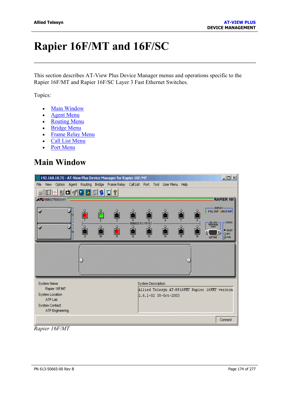 Rapier 16f/mt and 16f/sc, Main window | Allied Telesis AT-VIEW PLUS 3.1 DEVICE MANAGEMENT User Manual | Page 174 / 277