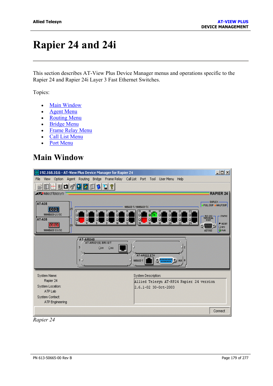 Rapier 24 and 24i, Main window | Allied Telesis AT-VIEW PLUS 3.1 DEVICE MANAGEMENT User Manual | Page 179 / 277