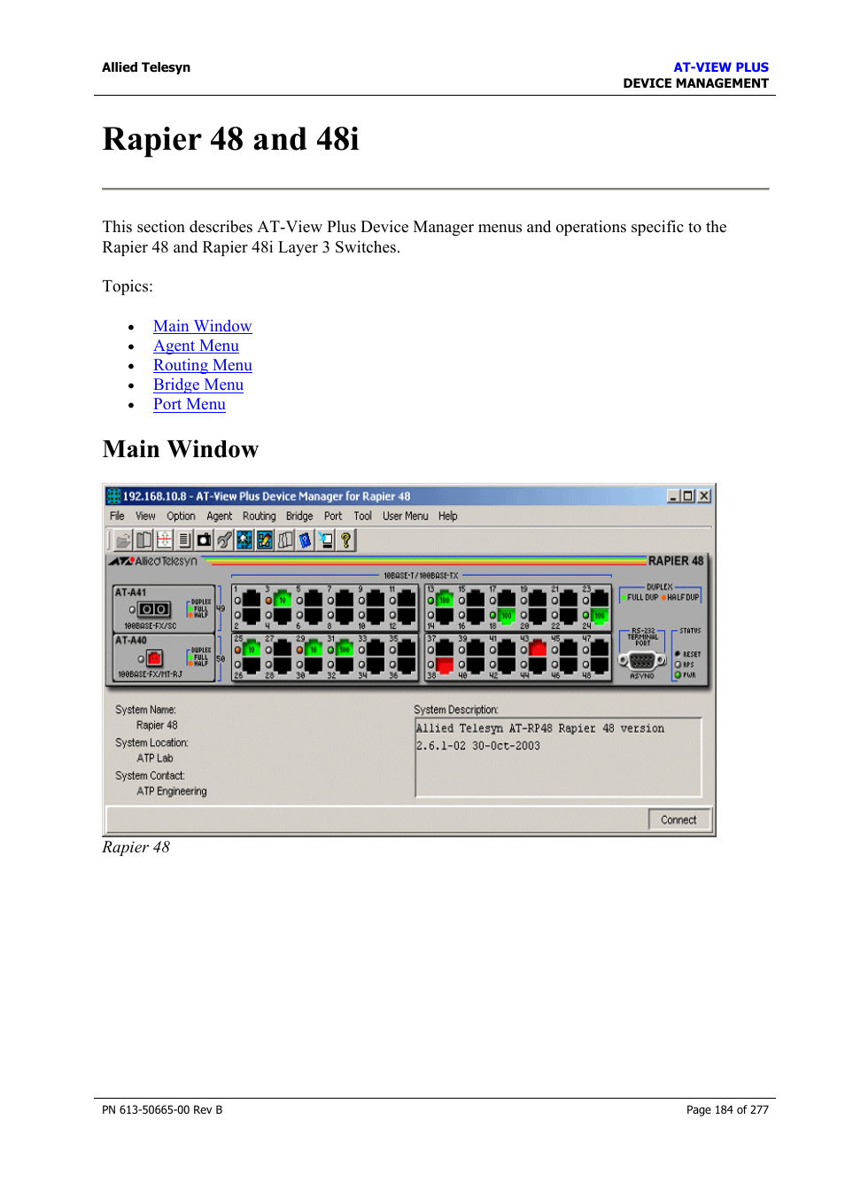 Rapier 48 and 48i, Main window | Allied Telesis AT-VIEW PLUS 3.1 DEVICE MANAGEMENT User Manual | Page 184 / 277
