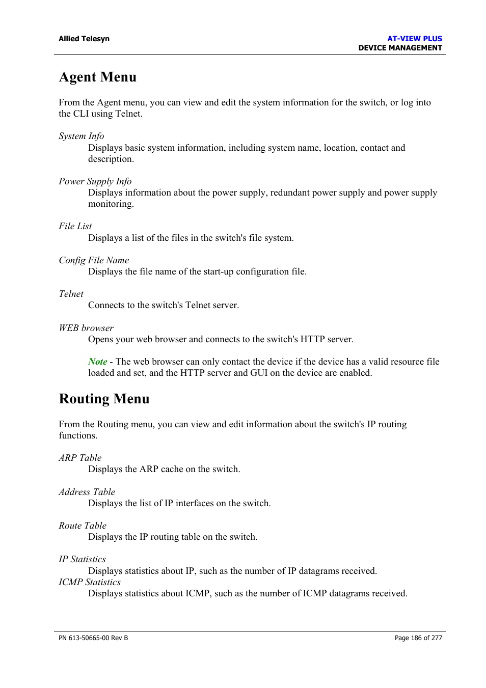Agent menu, Routing menu, Agent menu routing menu | Bridge menu | Allied Telesis AT-VIEW PLUS 3.1 DEVICE MANAGEMENT User Manual | Page 186 / 277