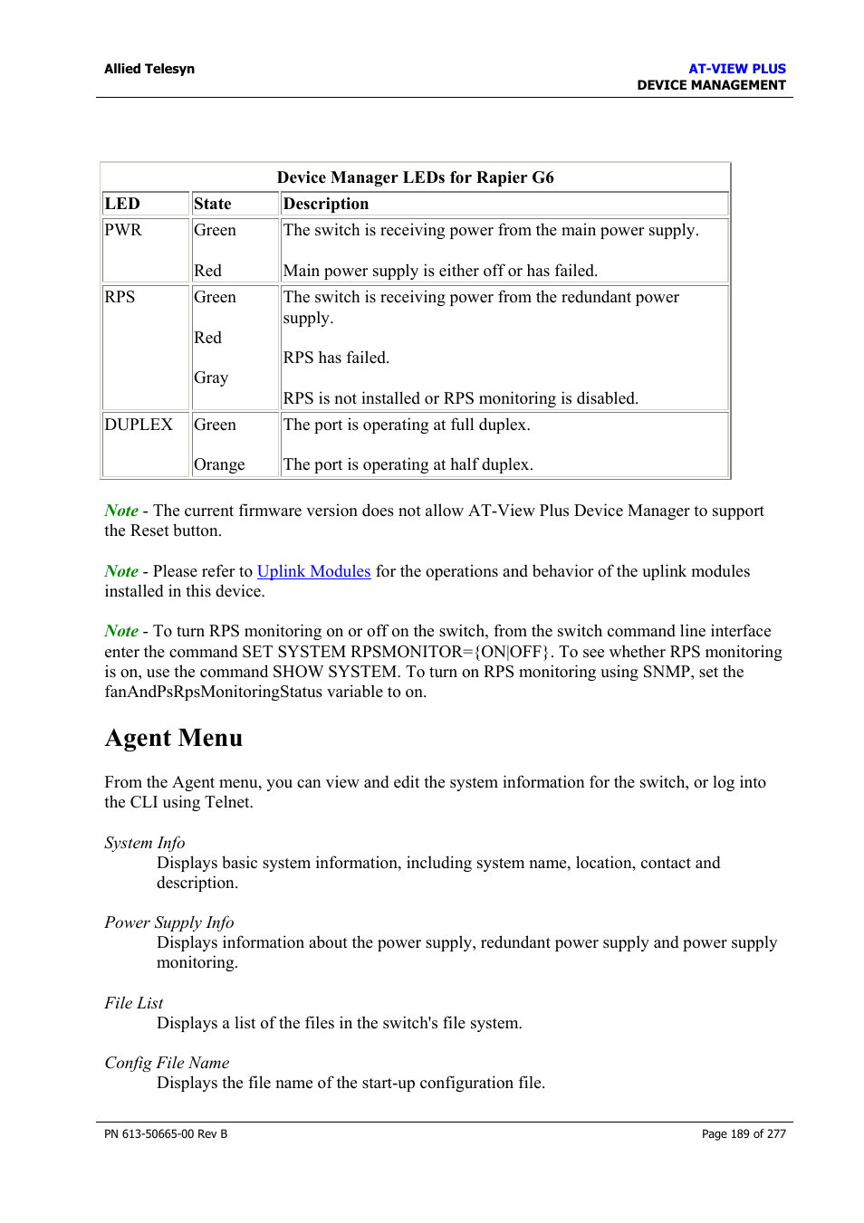 Agent menu | Allied Telesis AT-VIEW PLUS 3.1 DEVICE MANAGEMENT User Manual | Page 189 / 277