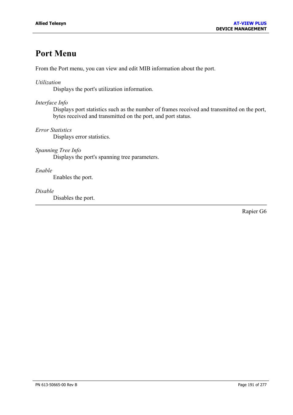 Port menu | Allied Telesis AT-VIEW PLUS 3.1 DEVICE MANAGEMENT User Manual | Page 191 / 277