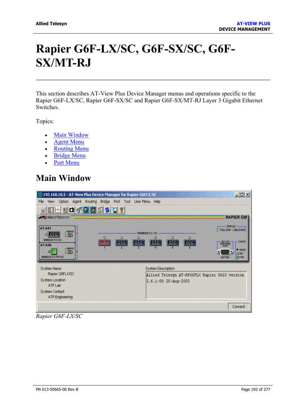 Rapier g6f-lx/sc, g6f-sx/sc, g6f-sx/mt-rj, Main window, Rapier g6f-lx/sc, g6f-sx/sc, g6f- sx/mt-rj | Allied Telesis AT-VIEW PLUS 3.1 DEVICE MANAGEMENT User Manual | Page 192 / 277