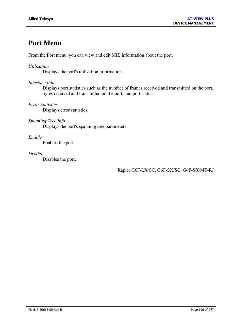 Port menu | Allied Telesis AT-VIEW PLUS 3.1 DEVICE MANAGEMENT User Manual | Page 196 / 277
