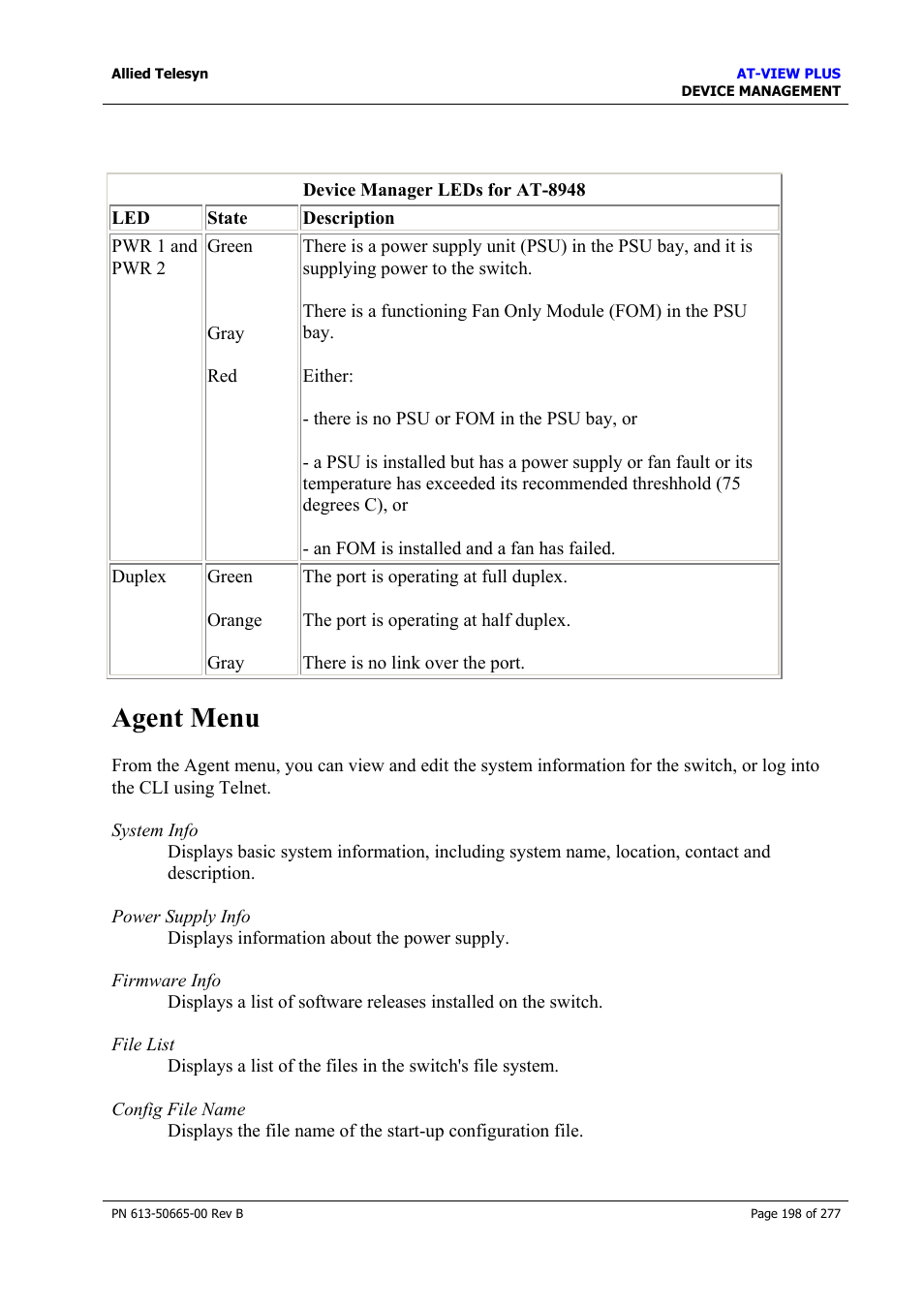 Agent menu | Allied Telesis AT-VIEW PLUS 3.1 DEVICE MANAGEMENT User Manual | Page 198 / 277
