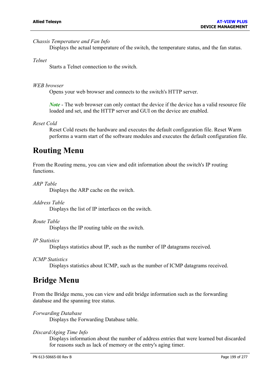 Routing menu, Bridge menu, Routing menu bridge menu | Allied Telesis AT-VIEW PLUS 3.1 DEVICE MANAGEMENT User Manual | Page 199 / 277