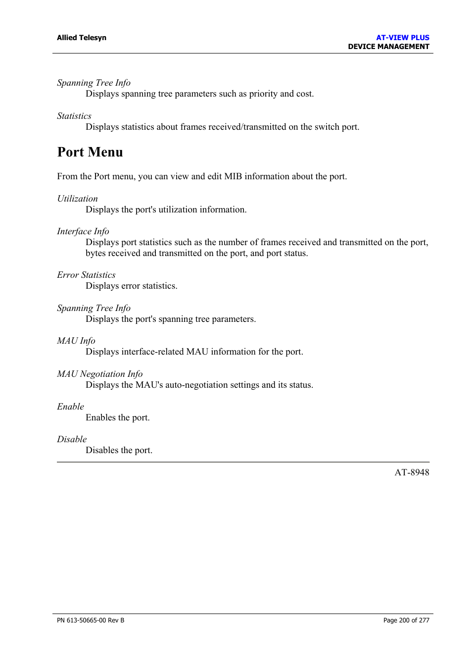Port menu | Allied Telesis AT-VIEW PLUS 3.1 DEVICE MANAGEMENT User Manual | Page 200 / 277