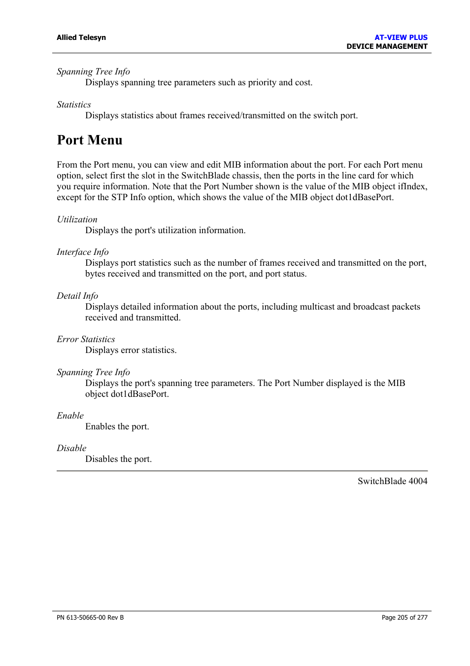 Port menu | Allied Telesis AT-VIEW PLUS 3.1 DEVICE MANAGEMENT User Manual | Page 205 / 277