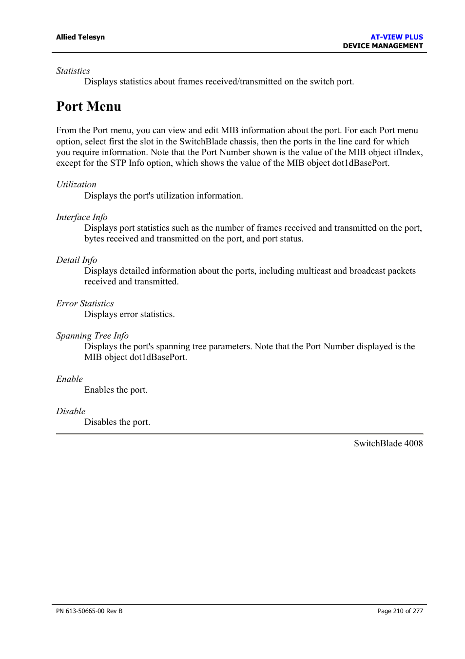 Port menu | Allied Telesis AT-VIEW PLUS 3.1 DEVICE MANAGEMENT User Manual | Page 210 / 277