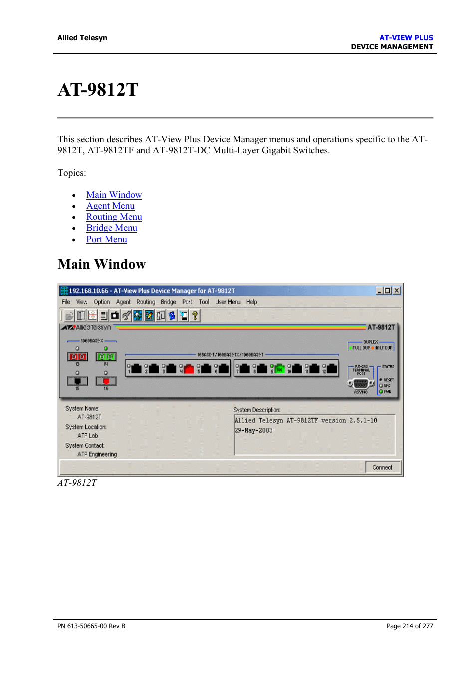 At-9812t, Main window | Allied Telesis AT-VIEW PLUS 3.1 DEVICE MANAGEMENT User Manual | Page 214 / 277