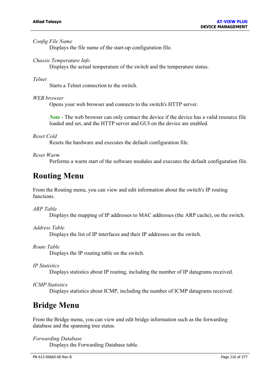 Routing menu, Bridge menu, Routing menu bridge menu | Allied Telesis AT-VIEW PLUS 3.1 DEVICE MANAGEMENT User Manual | Page 216 / 277