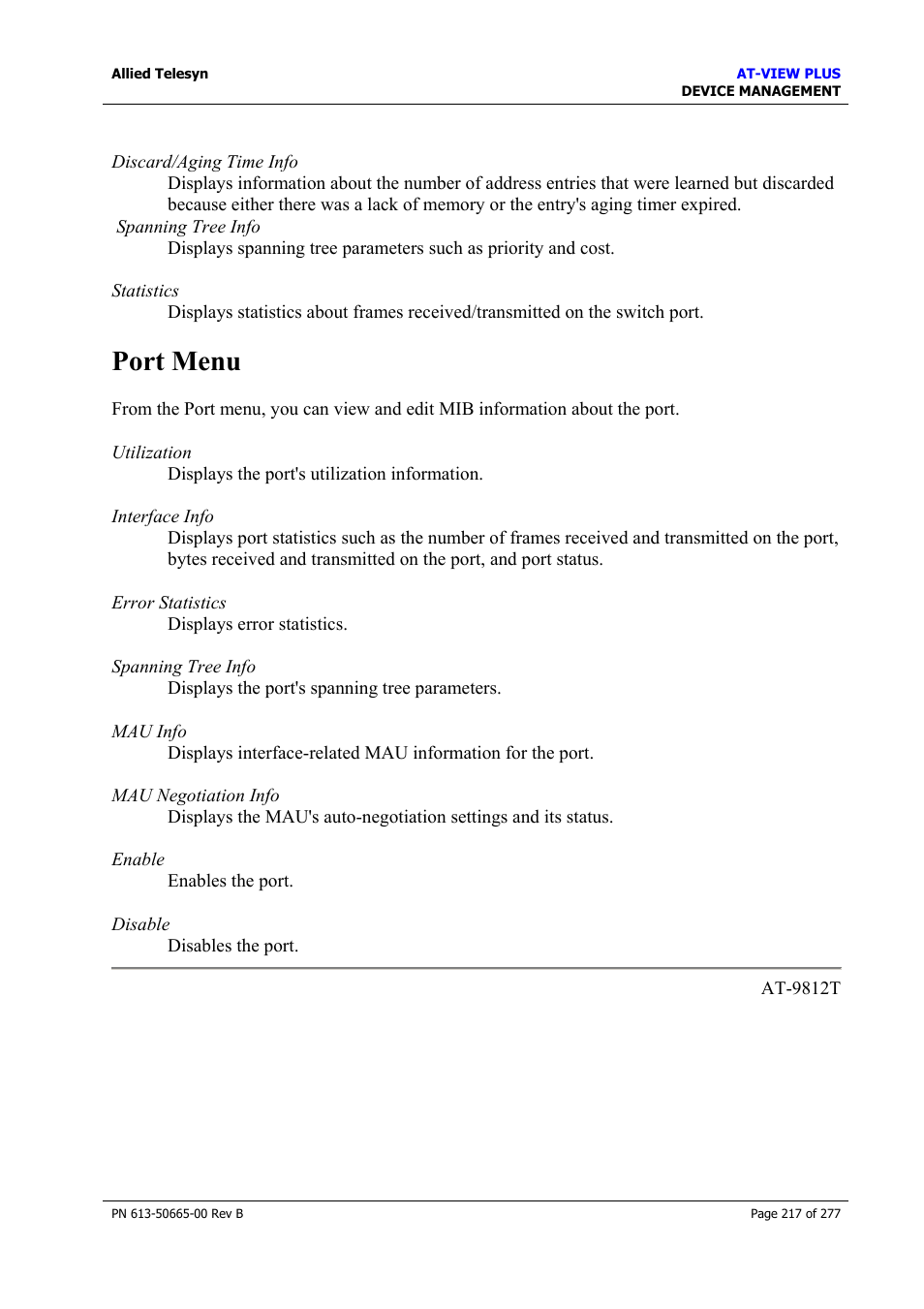 Port menu | Allied Telesis AT-VIEW PLUS 3.1 DEVICE MANAGEMENT User Manual | Page 217 / 277