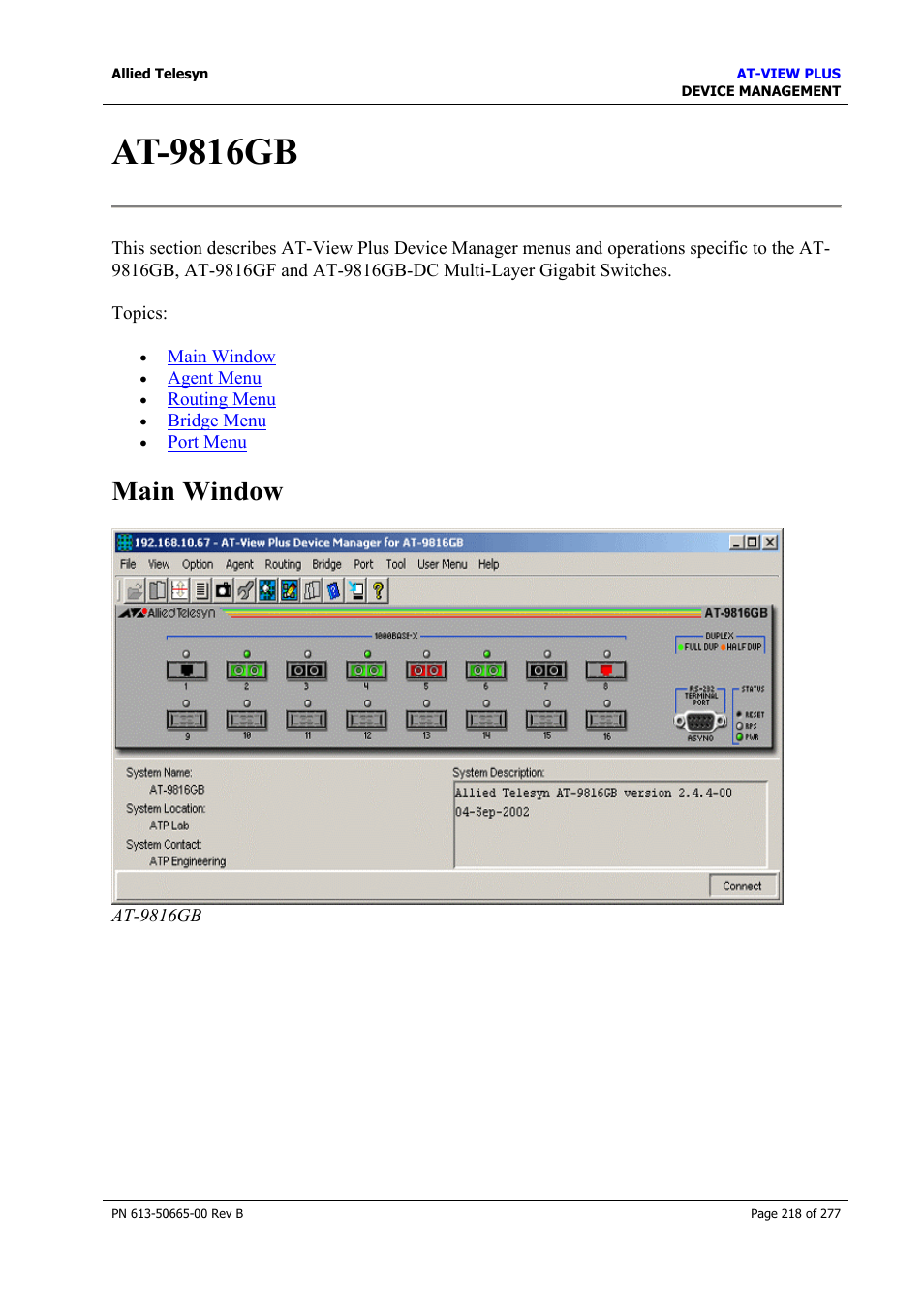 At-9816gb, Main window | Allied Telesis AT-VIEW PLUS 3.1 DEVICE MANAGEMENT User Manual | Page 218 / 277