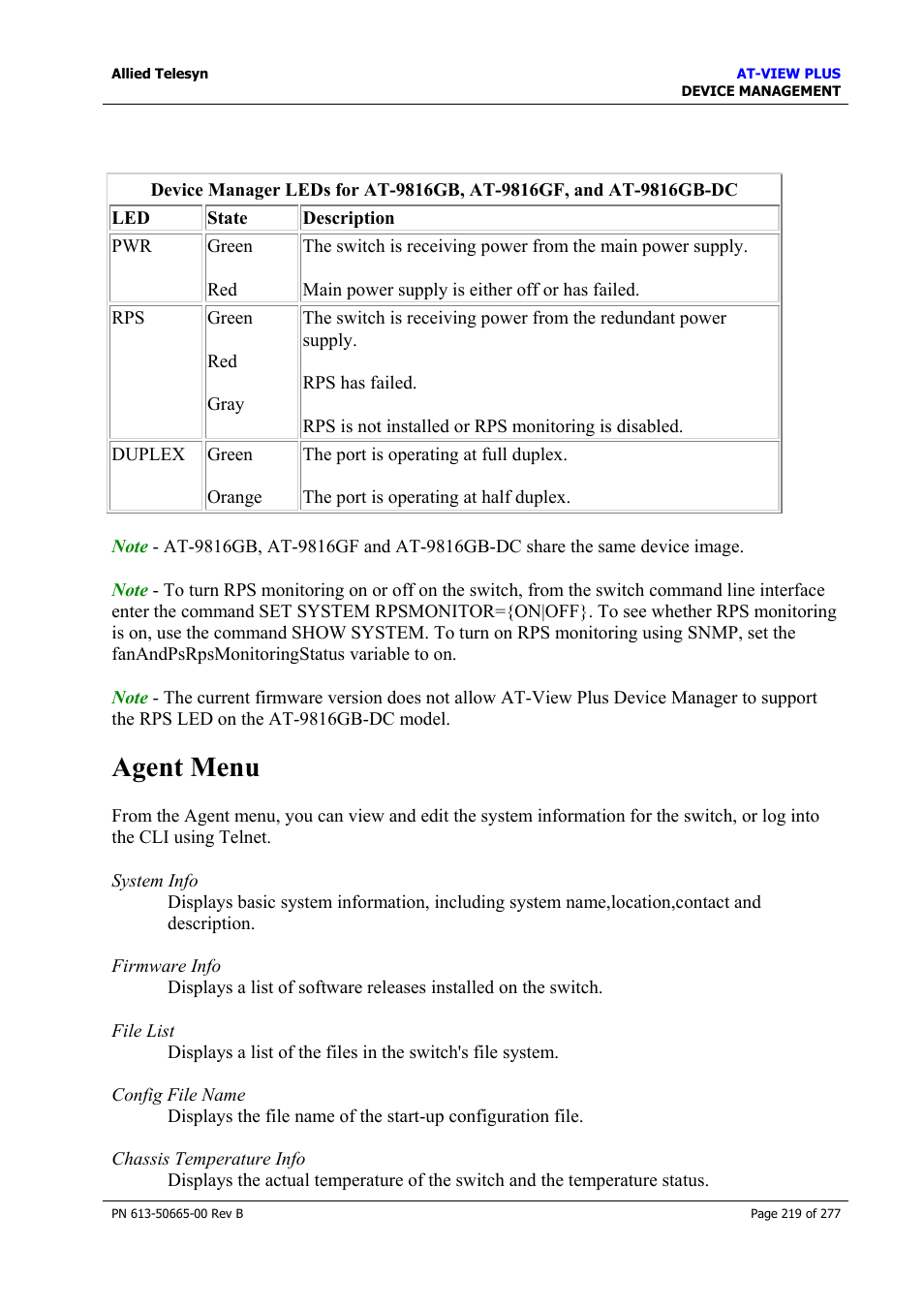Agent menu | Allied Telesis AT-VIEW PLUS 3.1 DEVICE MANAGEMENT User Manual | Page 219 / 277