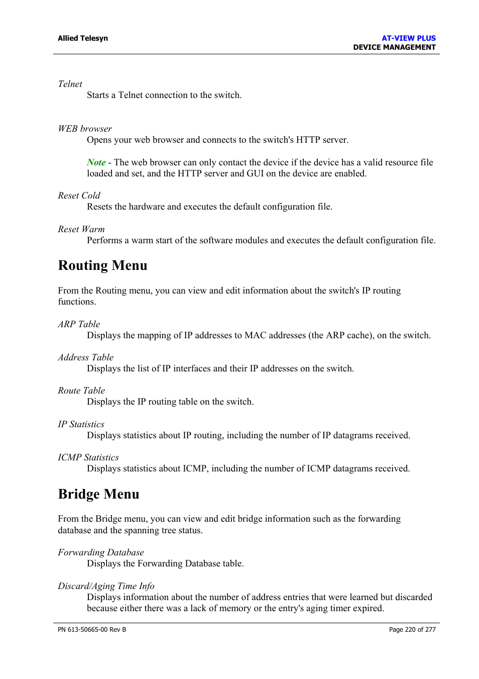 Routing menu, Bridge menu, Routing menu bridge menu | Allied Telesis AT-VIEW PLUS 3.1 DEVICE MANAGEMENT User Manual | Page 220 / 277