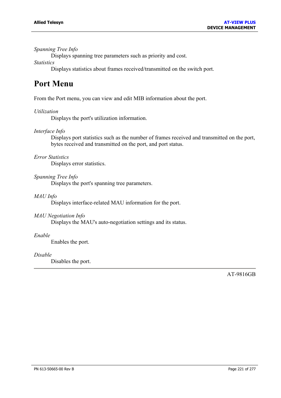 Port menu | Allied Telesis AT-VIEW PLUS 3.1 DEVICE MANAGEMENT User Manual | Page 221 / 277