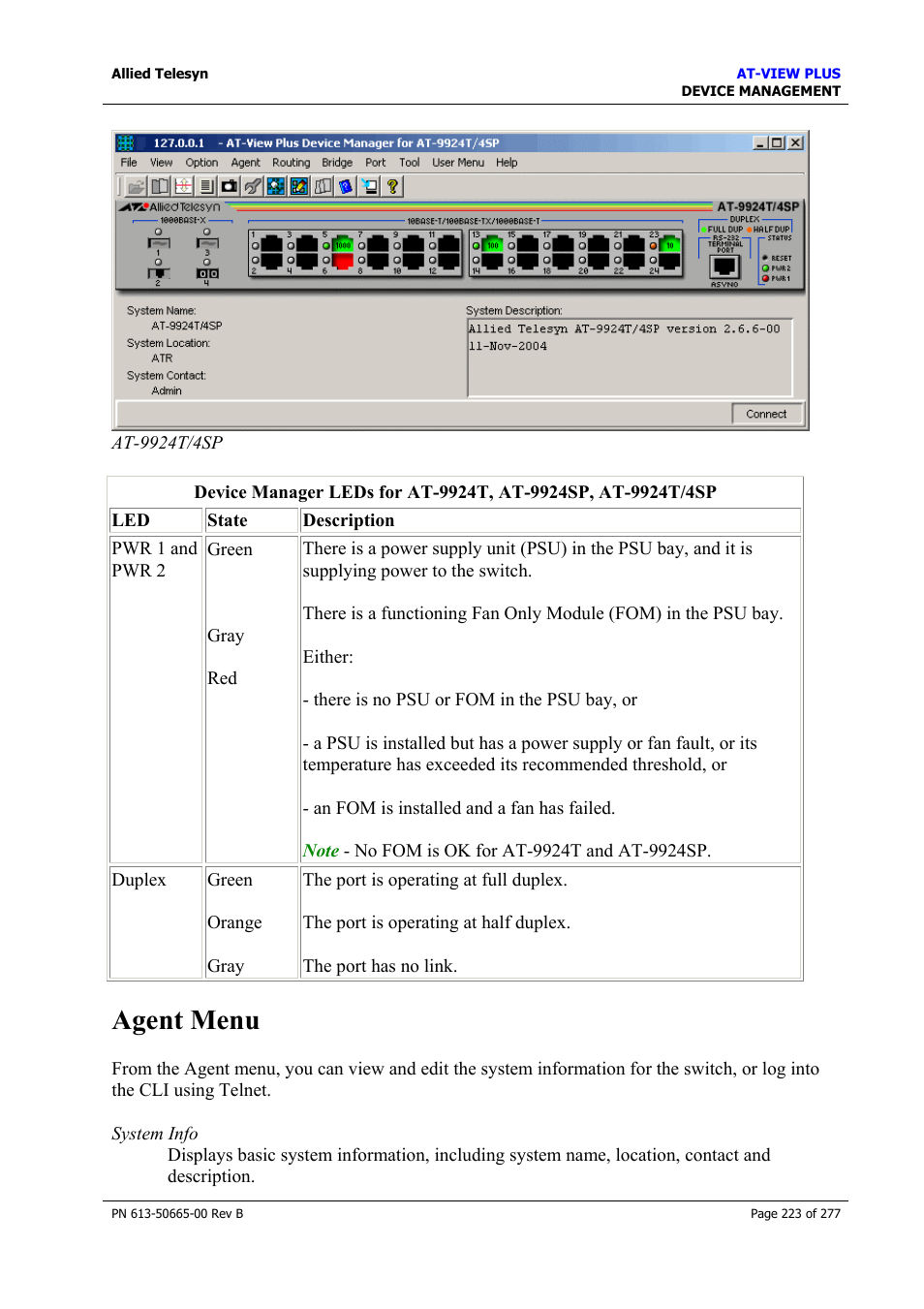 Agent menu | Allied Telesis AT-VIEW PLUS 3.1 DEVICE MANAGEMENT User Manual | Page 223 / 277