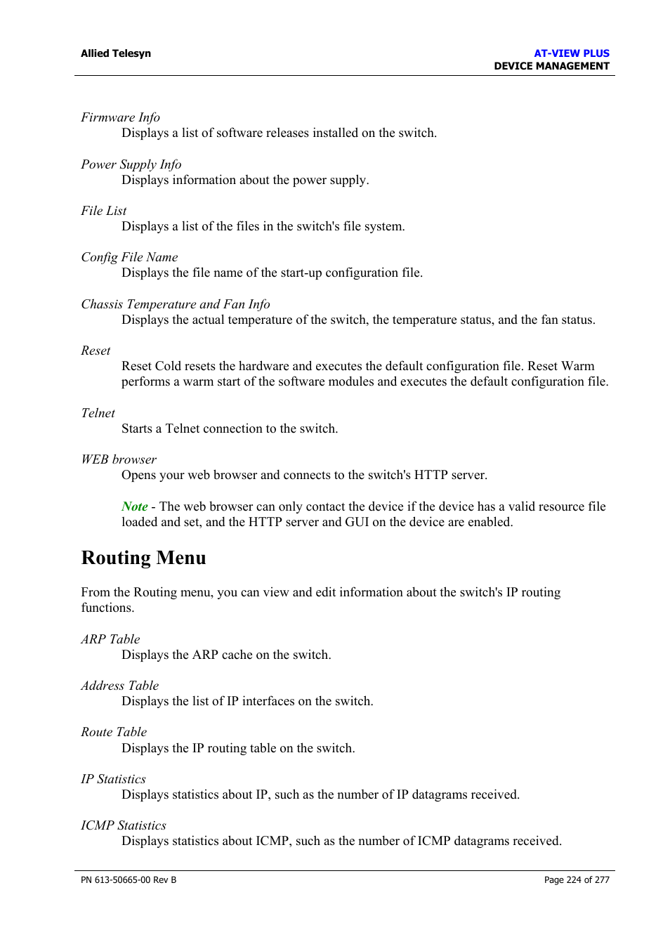 Routing menu | Allied Telesis AT-VIEW PLUS 3.1 DEVICE MANAGEMENT User Manual | Page 224 / 277