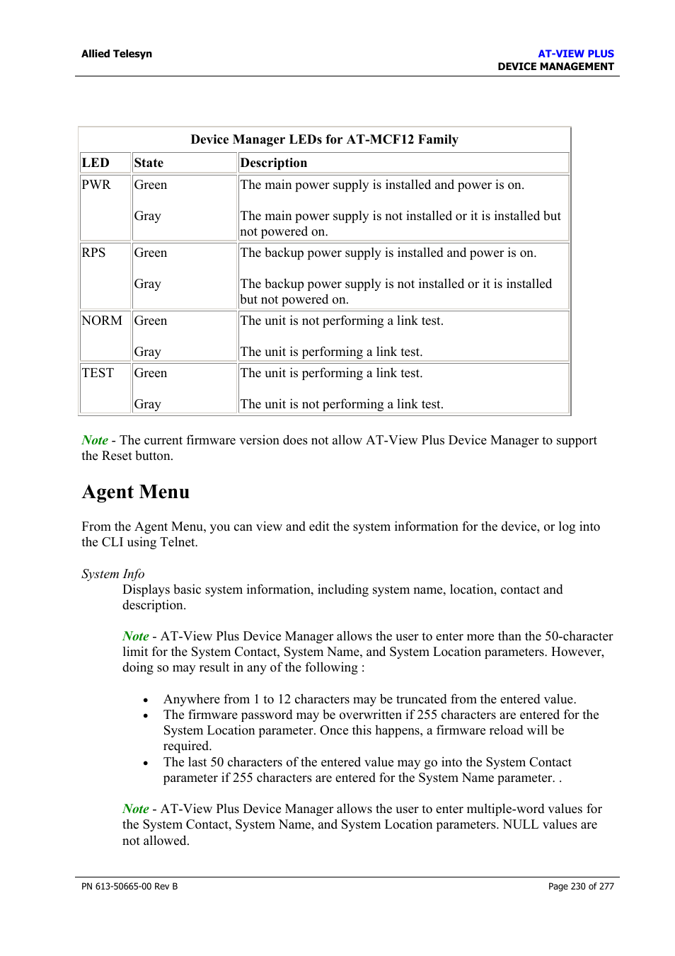 Agent menu | Allied Telesis AT-VIEW PLUS 3.1 DEVICE MANAGEMENT User Manual | Page 230 / 277