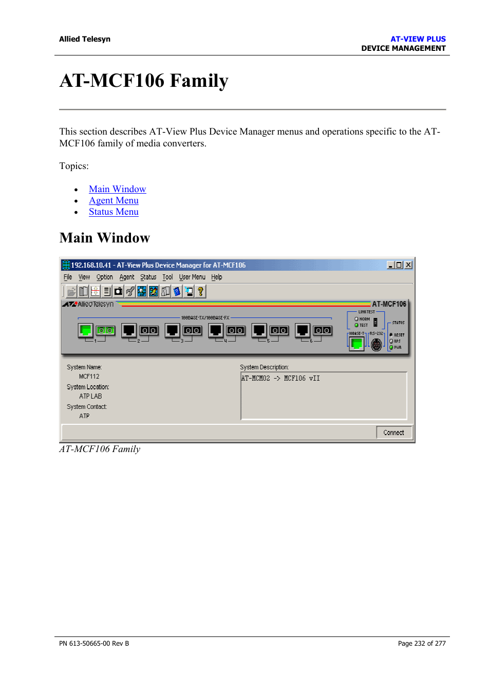 At-mcf106 family, Main window | Allied Telesis AT-VIEW PLUS 3.1 DEVICE MANAGEMENT User Manual | Page 232 / 277