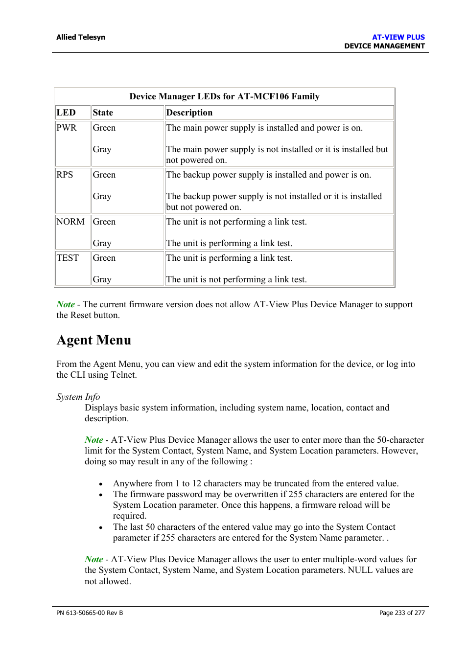 Agent menu | Allied Telesis AT-VIEW PLUS 3.1 DEVICE MANAGEMENT User Manual | Page 233 / 277